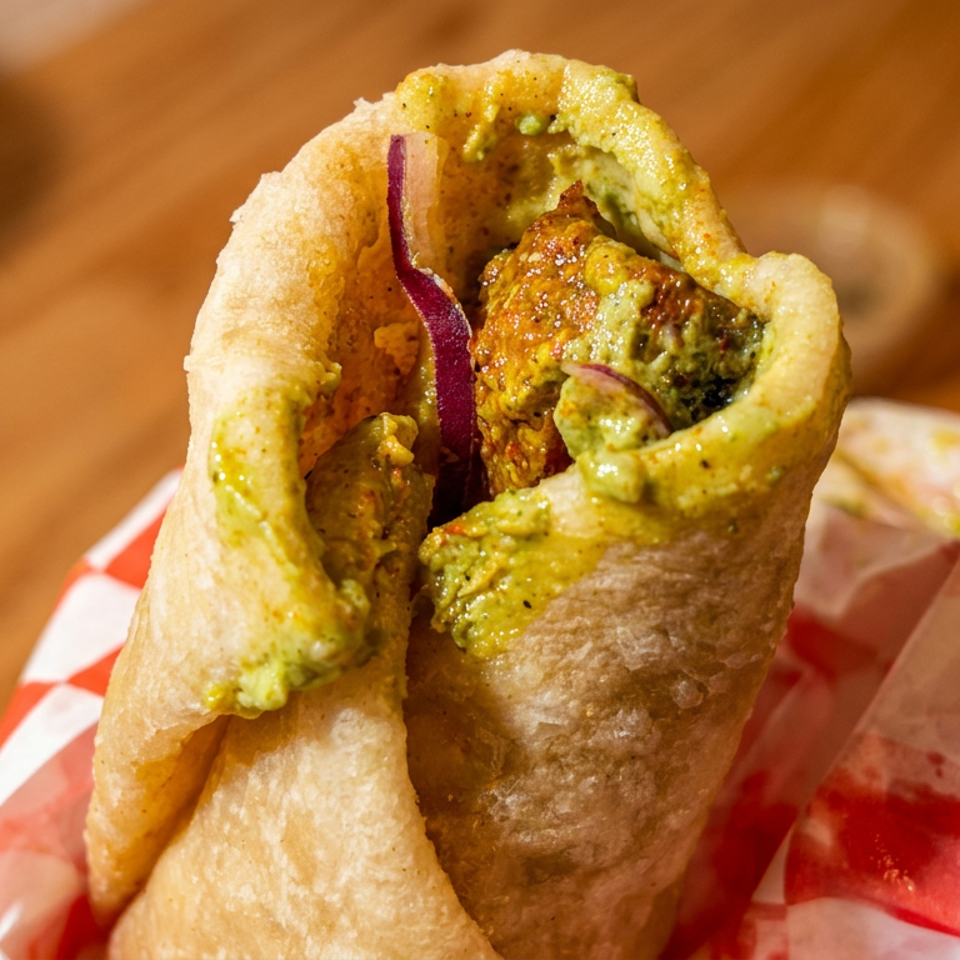 Stuffed flatbread wrap filled with spiced meat, green sauce, and red onion, served in red-and-white checkered paper.