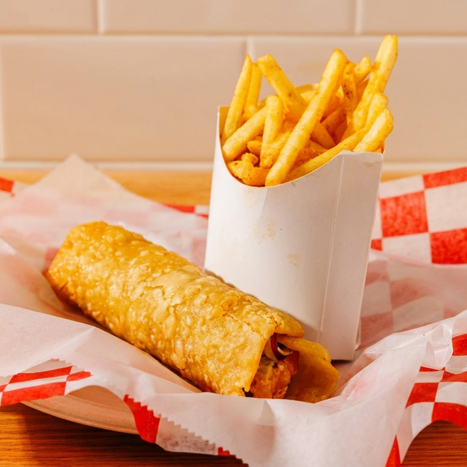 Crispy rolled taco with seasoned fries in a white carton on red-and-white checkered paper atop a wooden table.