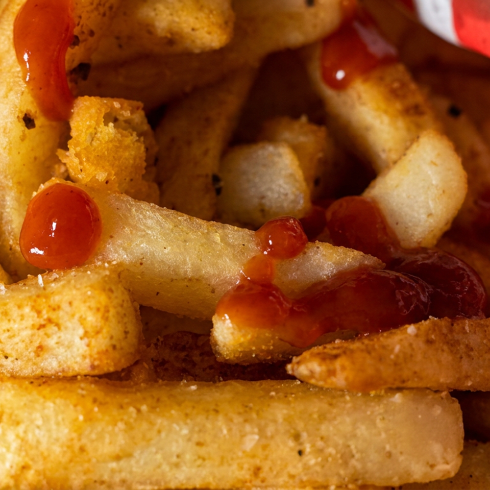 Crispy golden fried potato wedges drizzled with ketchup in a basket lined with red-and-white checkered paper.