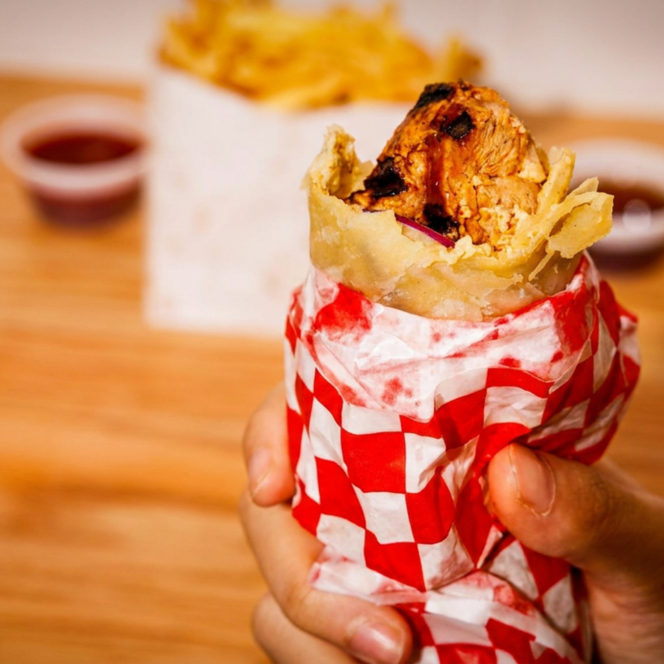 Hand holds a grilled meat-filled wrap with crispy fries in red-and-white checkered paper, alongside dipping sauces on a wooden table.